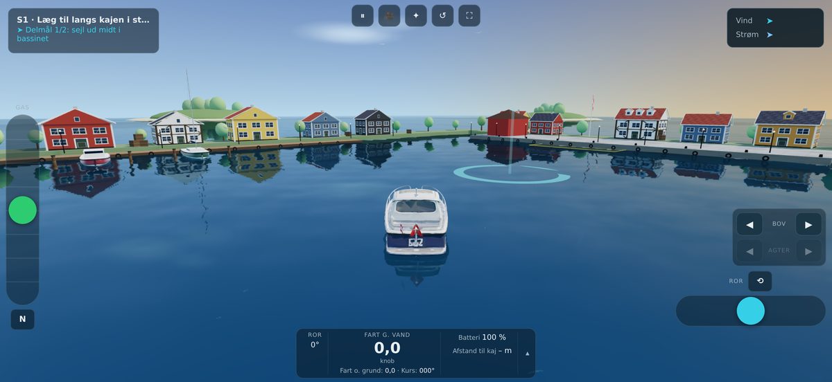 Skibet on iPhone: the motorboat approaching the quay with the instruments along the bottom of the screen